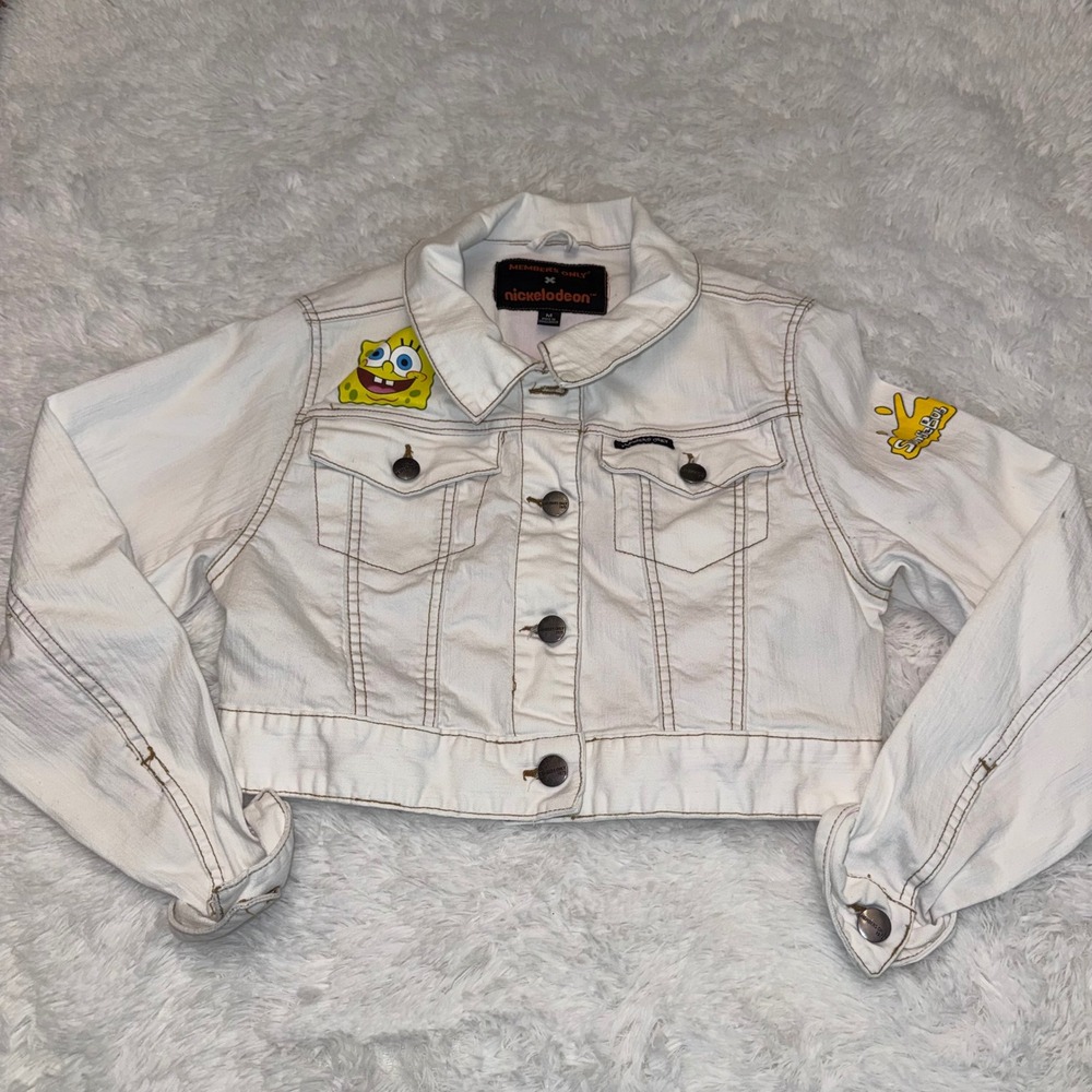 Members Only Denim Jacket Womens M White Excellent SpongeBob Patrick Cropped
